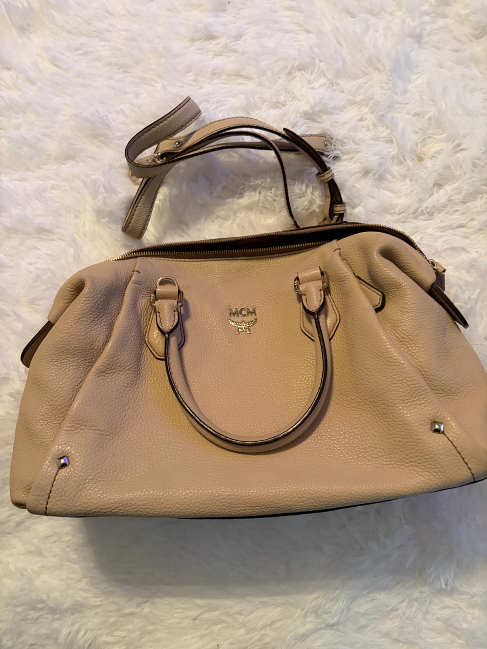 MCM Taupe Leather Shoulder Bag with Gold Hardware